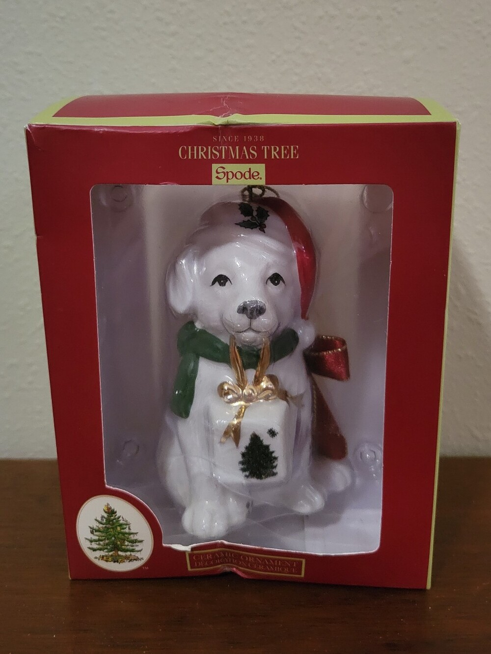 Spode Christmas Tree Collection Ceramic Dog Ornament Puppy Present Santa Hat NIB